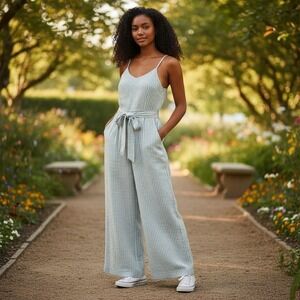 Sleeveless Striped Wide-Leg Jumpsuit with Tie Belt - Light Blue